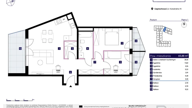 Rzut - Mieszkanie na sprzedaż 3 pokoje o powierzchni 65,88 m² - numer 15/2 w Osiedle Neonowe