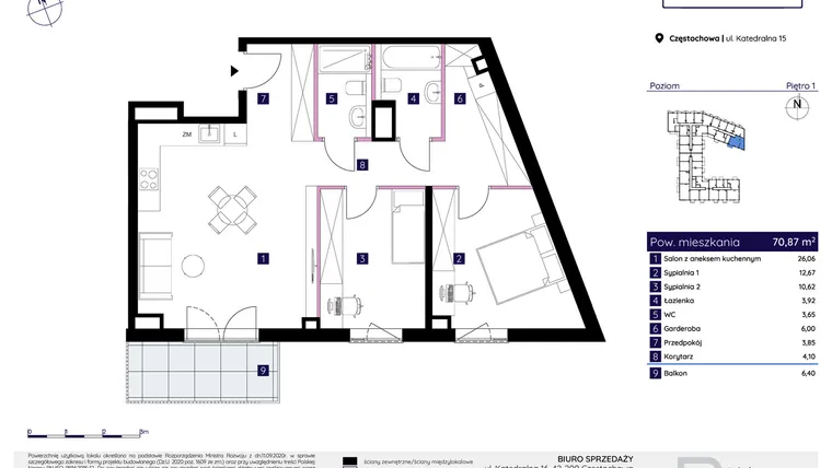Rzut - Mieszkanie na sprzedaż 3 pokoje o powierzchni 70,87 m² - numer 15/6 w Osiedle Neonowe