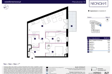 Rzut - Mieszkanie na sprzedaż 3 pokoje o powierzchni 59,09 m² - numer 15/13 w Osiedle Neonowe