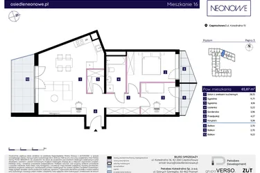 Rzut - Mieszkanie na sprzedaż 3 pokoje o powierzchni 65,87 m² - numer 15/16 w Osiedle Neonowe