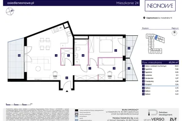 Rzut - Mieszkanie na sprzedaż 3 pokoje o powierzchni 65,94 m² - numer 15/24 w Osiedle Neonowe