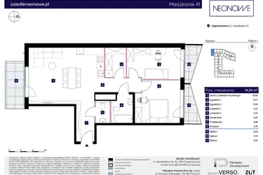 Rzut - Mieszkanie na sprzedaż 3 pokoje o powierzchni 74,34 m² - numer 15/41 w Osiedle Neonowe