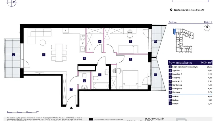 Rzut - Mieszkanie na sprzedaż 3 pokoje o powierzchni 74,34 m² - numer 15/41 w Osiedle Neonowe