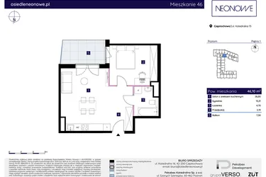 Rzut - Mieszkanie na sprzedaż 2 pokoje o powierzchni 46,1 m² - numer 15/46 w Osiedle Neonowe