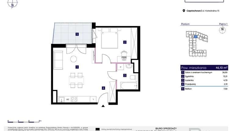 Rzut - Mieszkanie na sprzedaż 2 pokoje o powierzchni 46,1 m² - numer 15/46 w Osiedle Neonowe