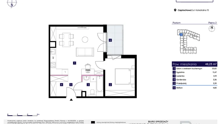 Rzut - Mieszkanie na sprzedaż 2 pokoje o powierzchni 48,23 m² - numer 15/51 w Osiedle Neonowe
