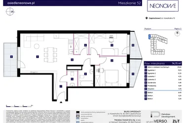 Rzut - Mieszkanie na sprzedaż 3 pokoje o powierzchni 74,75 m² - numer 15/52 w Osiedle Neonowe