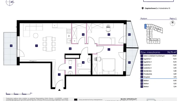 Rzut - Mieszkanie na sprzedaż 3 pokoje o powierzchni 74,75 m² - numer 15/52 w Osiedle Neonowe