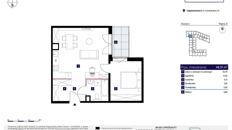 Rzut - Mieszkanie na sprzedaż 2 pokoje o powierzchni 48,31 m² - numer 15/62 w Osiedle Neonowe