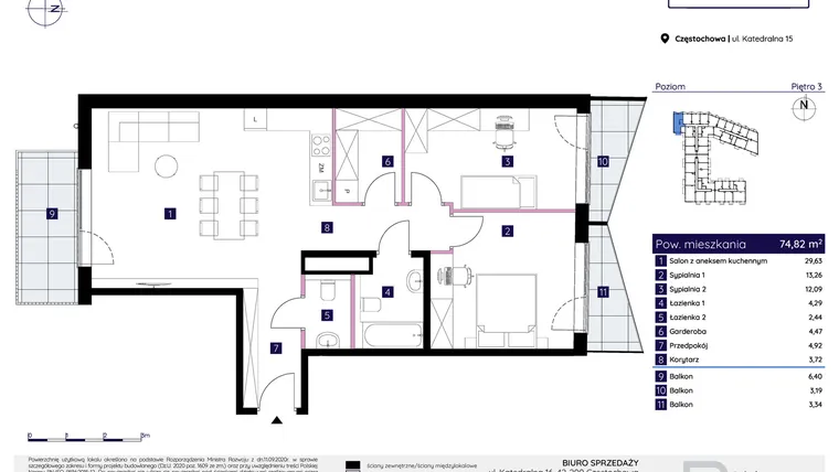 Rzut - Mieszkanie na sprzedaż 3 pokoje o powierzchni 74,82 m² - numer 15/63 w Osiedle Neonowe