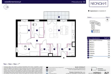 Rzut - Mieszkanie na sprzedaż 4 pokoje o powierzchni 76,07 m² - numer 15/98 w Osiedle Neonowe