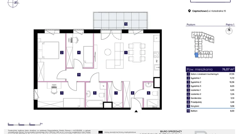 Rzut - Mieszkanie na sprzedaż 4 pokoje o powierzchni 76,07 m² - numer 15/98 w Osiedle Neonowe
