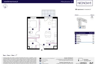 Rzut - Mieszkanie na sprzedaż 2 pokoje o powierzchni 45,45 m² - numer 15/127 w Osiedle Neonowe