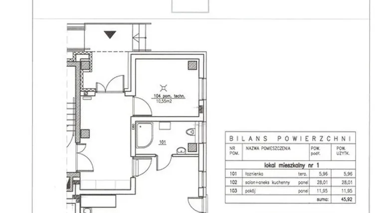Rzut - Mieszkanie na sprzedaż 2 pokoje o powierzchni 45,92 m² - numer 1 w Nowy Horyzont