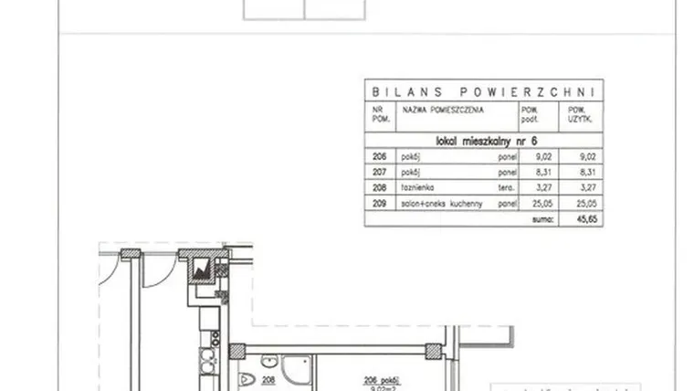 Rzut - Mieszkanie na sprzedaż 3 pokoje o powierzchni 45,65 m² - numer 6 w Nowy Horyzont