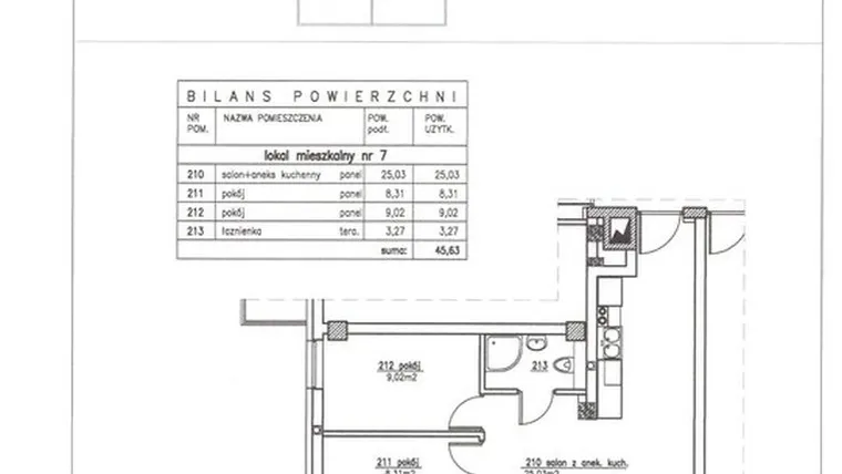 Rzut - Mieszkanie na sprzedaż 3 pokoje o powierzchni 45,63 m² - numer 7 w Nowy Horyzont