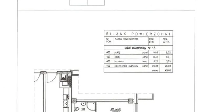 Rzut - Mieszkanie na sprzedaż 3 pokoje o powierzchni 45,61 m² - numer 13 w Nowy Horyzont