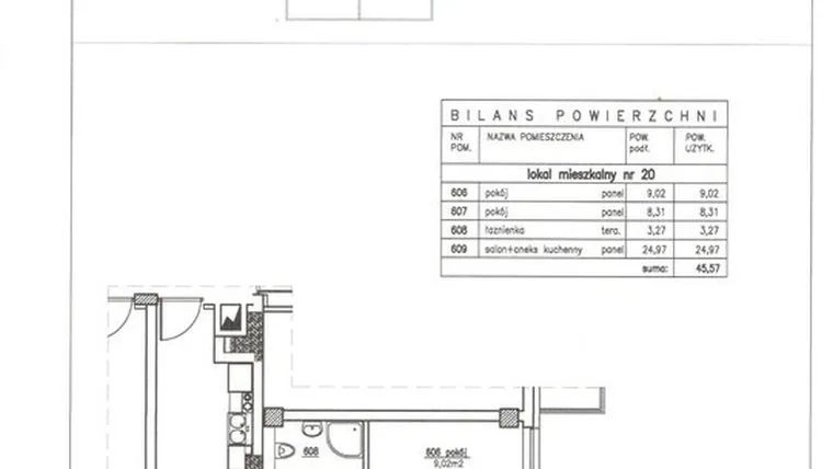 Rzut - Mieszkanie na sprzedaż 3 pokoje o powierzchni 45,57 m² - numer 20 w Nowy Horyzont
