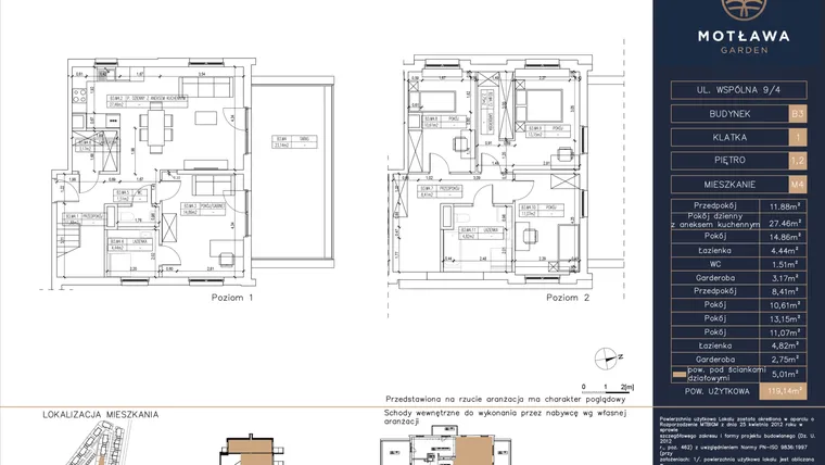 Rzut - Mieszkanie na sprzedaż 5 pokoi o powierzchni 119,14 m² - numer B3.M4 w Motława Garden