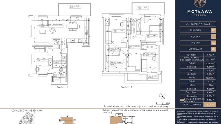 Rzut - Mieszkanie na sprzedaż 5 pokoi o powierzchni 120,42 m² - numer B5.M3 w Motława Garden
