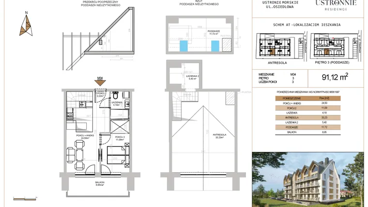 Rzut - Mieszkanie na sprzedaż 3 pokoje o powierzchni 90,12 m² - numer M34 w Ustronnie Residence