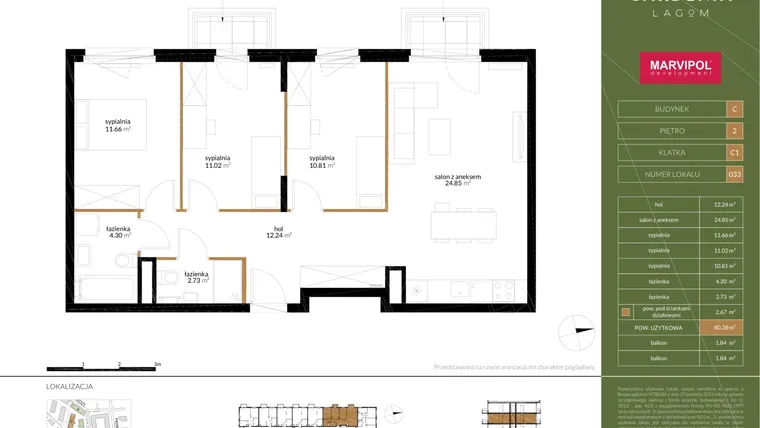 Rzut - Mieszkanie na sprzedaż 4 pokoje o powierzchni 80,01 m² - numer C033 w Gardenia Lagom