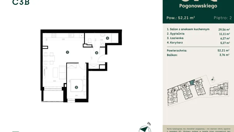 Rzut - Mieszkanie na sprzedaż 2 pokoje o powierzchni 52,21 m² - numer C-3B w Pogonowskiego 73