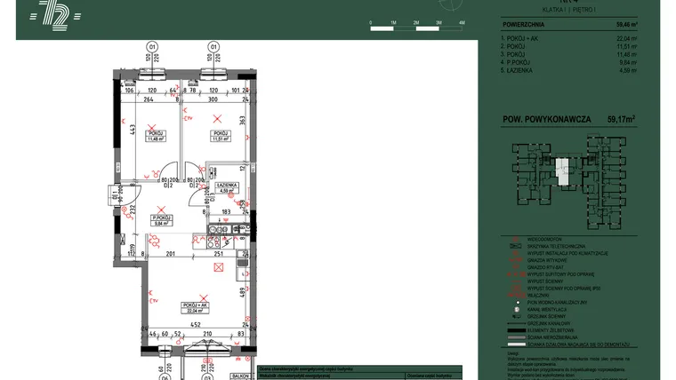 Rzut - Mieszkanie na sprzedaż 3 pokoje o powierzchni 59,17 m² - numer 4 w Wspólnota Mieszkaniowa Gajowa 72