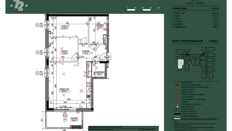 Rzut - Mieszkanie na sprzedaż 3 pokoje o powierzchni 73,65 m² - numer 11 w Wspólnota Mieszkaniowa Gajowa 72