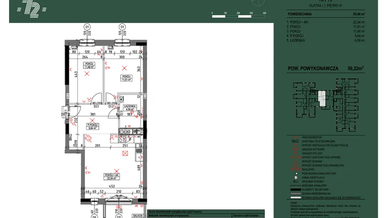 Rzut - Mieszkanie na sprzedaż 3 pokoje o powierzchni 59,22 m² - numer 19 w Wspólnota Mieszkaniowa Gajowa 72