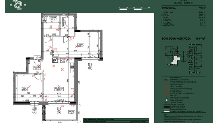 Rzut - Mieszkanie na sprzedaż 3 pokoje o powierzchni 76,97 m² - numer 20 w Wspólnota Mieszkaniowa Gajowa 72