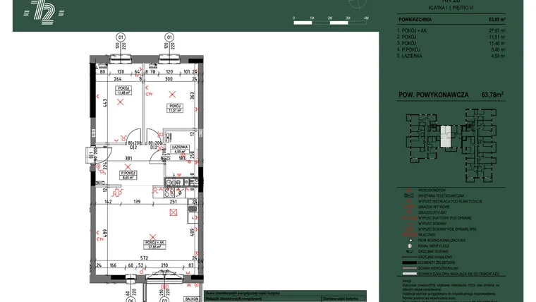 Rzut - Mieszkanie na sprzedaż 3 pokoje o powierzchni 63,78 m² - numer 28 w Wspólnota Mieszkaniowa Gajowa 72