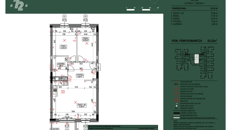 Rzut - Mieszkanie na sprzedaż 3 pokoje o powierzchni 63,22 m² - numer 52 w Wspólnota Mieszkaniowa Gajowa 72