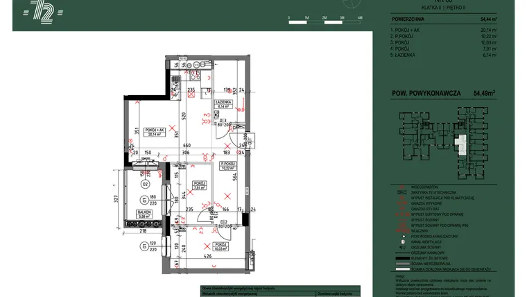 Rzut - Mieszkanie na sprzedaż 3 pokoje o powierzchni 54,49 m² - numer 60 w Wspólnota Mieszkaniowa Gajowa 72