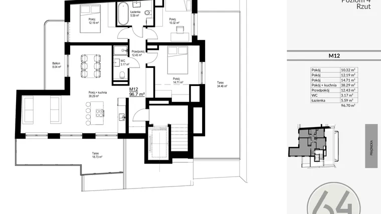 Rzut - Mieszkanie na sprzedaż 4 pokoje o powierzchni 96,7 m² - numer 12 w Prądnicka 64
