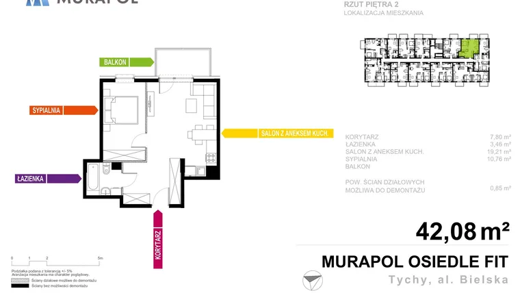 Rzut - Mieszkanie na sprzedaż 2 pokoje o powierzchni 42,08 m² - numer 3.A.2.02 w Murapol Osiedle Fit