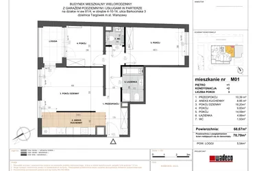 Rzut - Mieszkanie na sprzedaż 3 pokoje o powierzchni 68,55 m² - numer 1 w Barkocińska 3