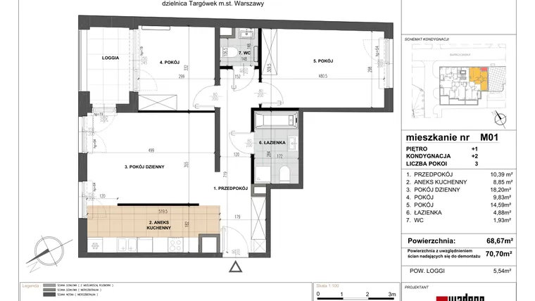Rzut - Mieszkanie na sprzedaż 3 pokoje o powierzchni 68,55 m² - numer 1 w Barkocińska 3