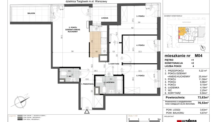 Rzut - Mieszkanie na sprzedaż 4 pokoje o powierzchni 73,49 m² - numer 4 w Barkocińska 3
