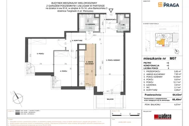 Rzut - Mieszkanie na sprzedaż 3 pokoje o powierzchni 64,27 m² - numer 7 w Barkocińska 3