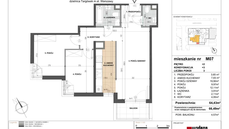 Rzut - Mieszkanie na sprzedaż 3 pokoje o powierzchni 64,27 m² - numer 7 w Barkocińska 3
