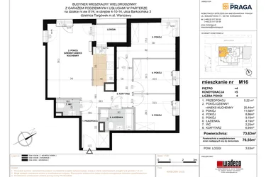Rzut - Mieszkanie na sprzedaż 4 pokoje o powierzchni 73,63 m² - numer 16 w Barkocińska 3