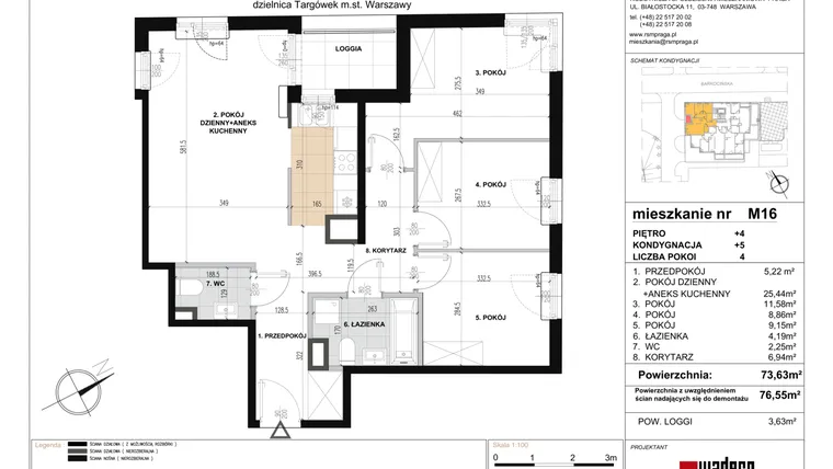 Rzut - Mieszkanie na sprzedaż 4 pokoje o powierzchni 73,63 m² - numer 16 w Barkocińska 3