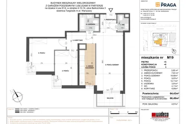 Rzut - Mieszkanie na sprzedaż 3 pokoje o powierzchni 64,44 m² - numer 19 w Barkocińska 3