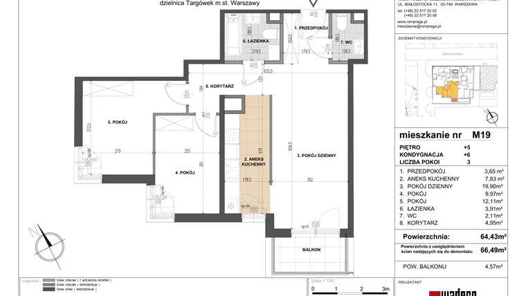Rzut - Mieszkanie na sprzedaż 3 pokoje o powierzchni 64,44 m² - numer 19 w Barkocińska 3