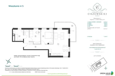 Rzut - Mieszkanie na sprzedaż 3 pokoje o powierzchni 64,43 m² - numer 5 w Kamienica przy Ciszewskiej