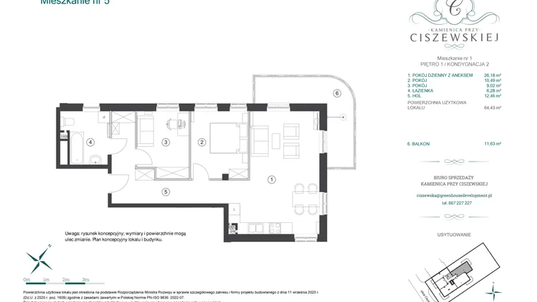 Rzut - Mieszkanie na sprzedaż 3 pokoje o powierzchni 64,43 m² - numer 5 w Kamienica przy Ciszewskiej
