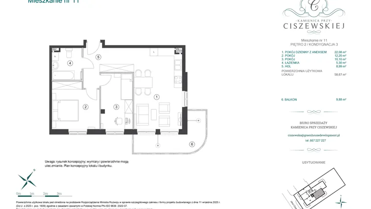 Rzut - Mieszkanie na sprzedaż 3 pokoje o powierzchni 58,67 m² - numer 11 w Kamienica przy Ciszewskiej