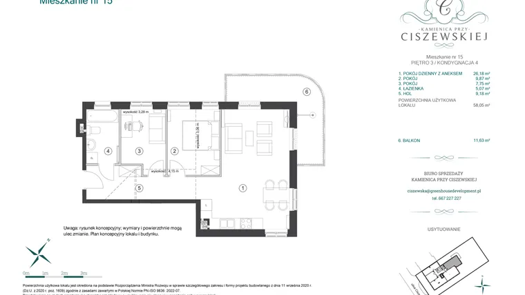 Rzut - Mieszkanie na sprzedaż 3 pokoje o powierzchni 58,05 m² - numer 15 w Kamienica przy Ciszewskiej
