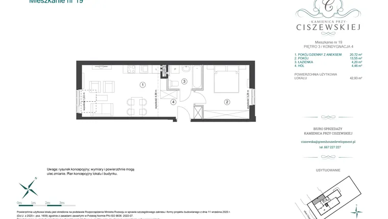 Rzut - Mieszkanie na sprzedaż 2 pokoje o powierzchni 42,93 m² - numer 19 w Kamienica przy Ciszewskiej